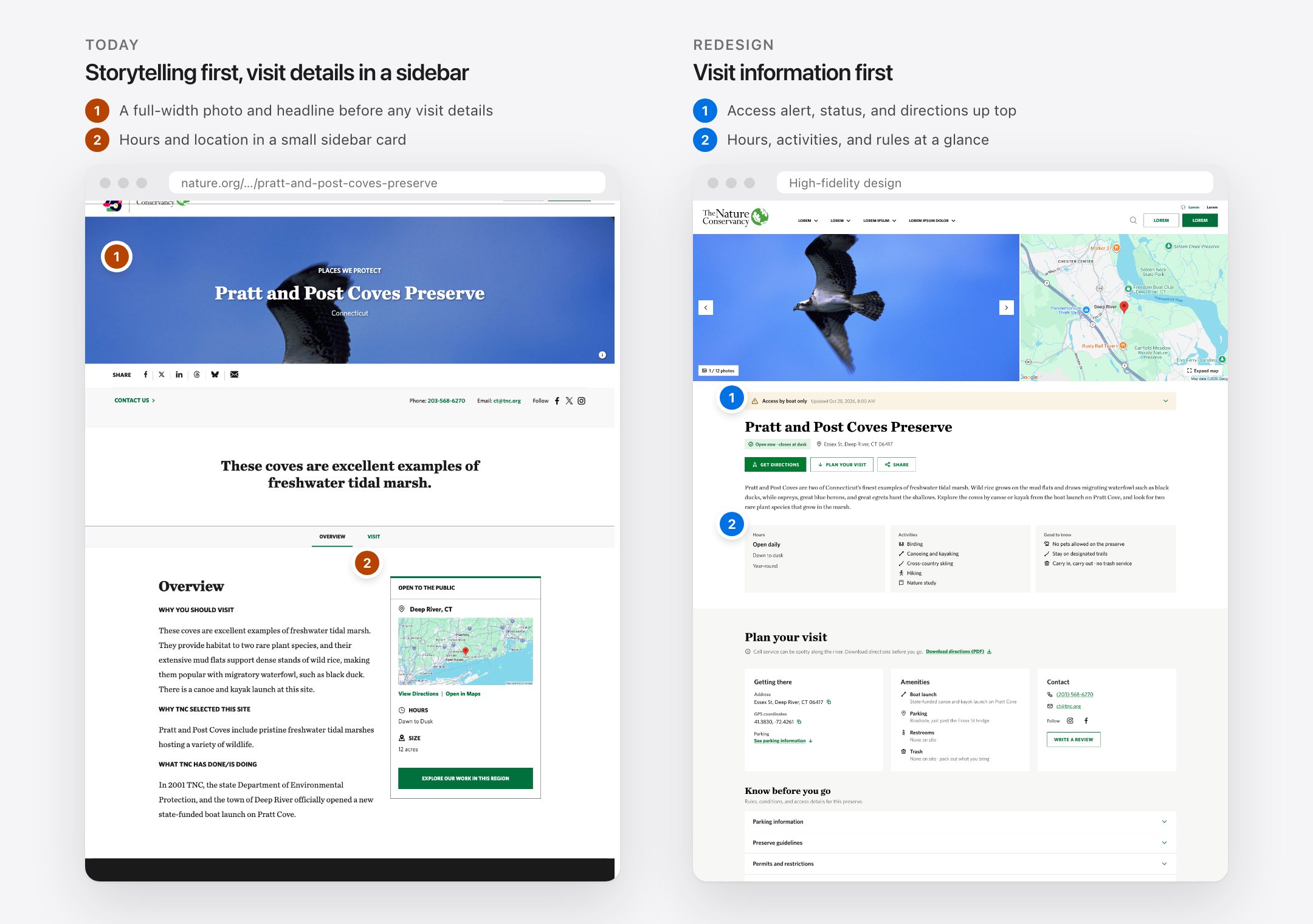 Today: the live Pratt and Post Coves page leads with a photo and headline, with hours and location in a small sidebar. Redesign: an access alert, open status, directions, hours, activities, and rules appear at the top.