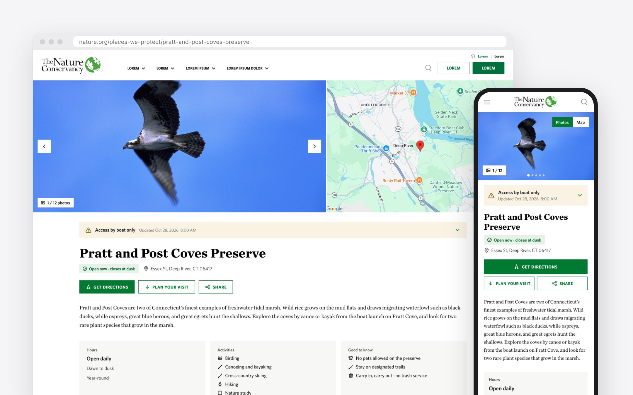 The high-fidelity Pratt and Post Coves Preserve page on desktop and mobile, with photos, a map, an access alert, and visit details at the top.