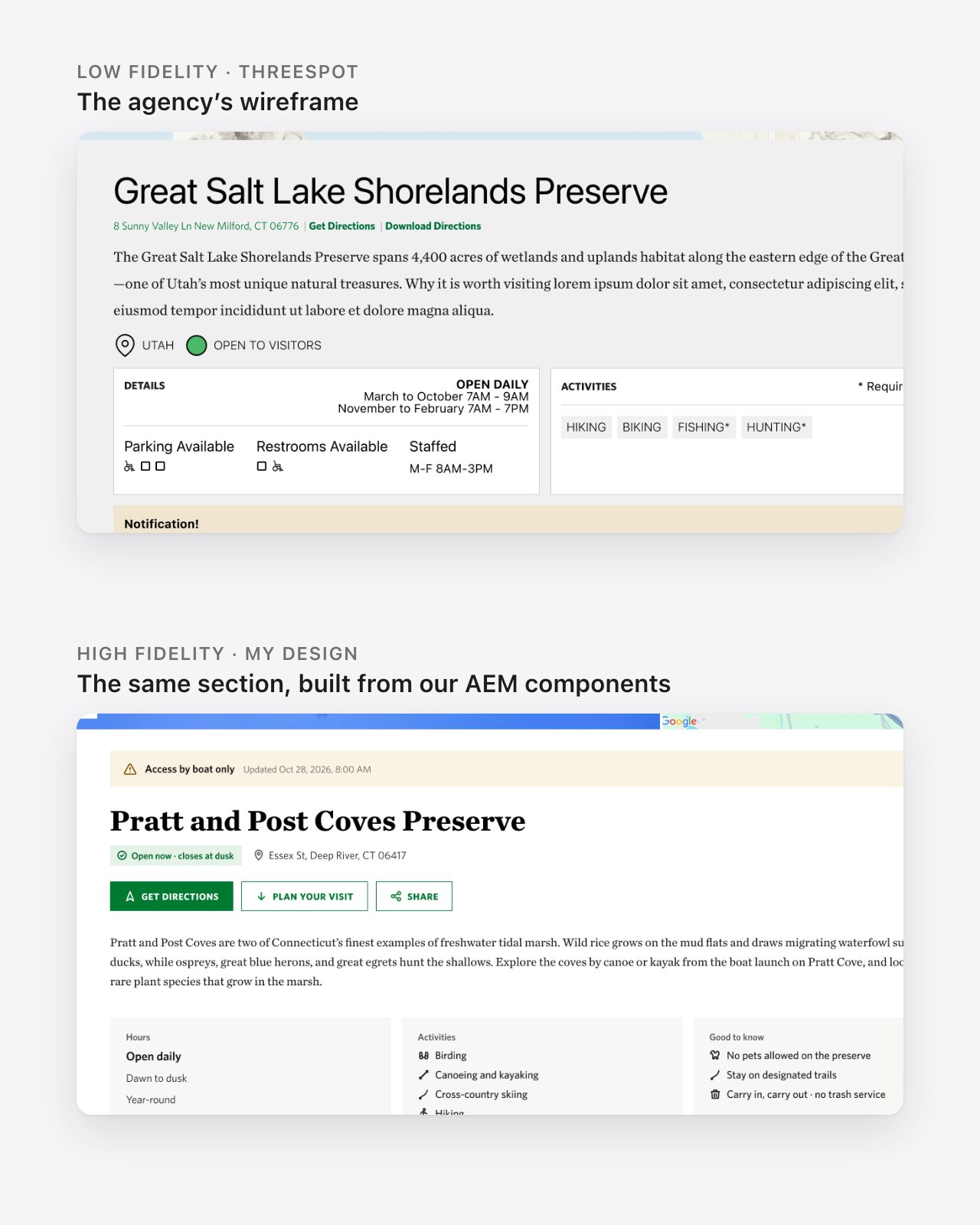 Threespot's low-fidelity wireframe of the preserve summary section, above my high-fidelity version of the same section.